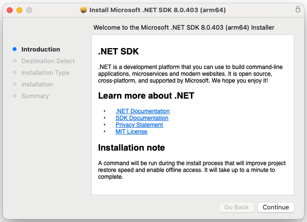 macOS で実行されている .NET インストーラーのみを表示したスクリーンショット。