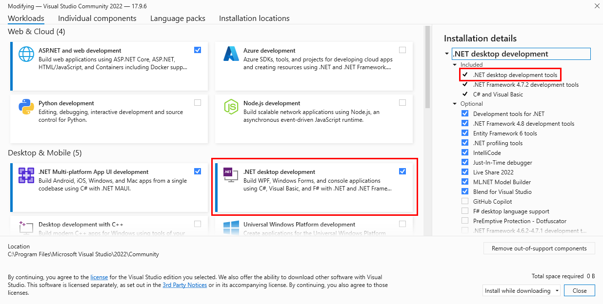 .NET デスクトップ ワークロードが赤いボックスで強調表示された Visual Studio インストーラーを示すスクリーンショット。