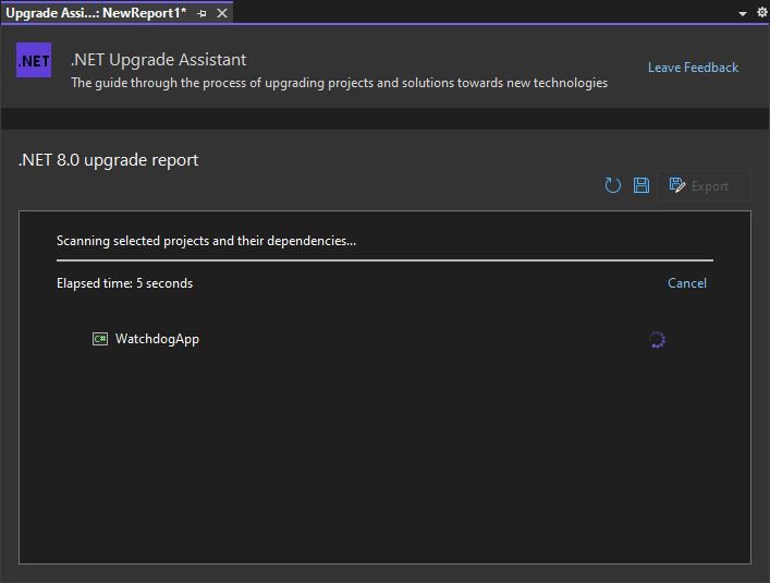 分析を実行している .NET アップグレード アシスタント分析ウィザード。