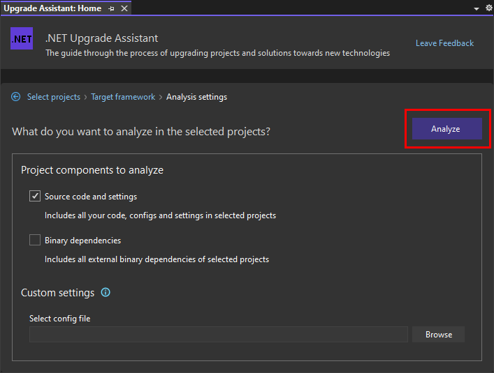 Visual Studio の .NET アップグレード アシスタント分析ウィザードの [分析設定] ページ。[ソース コードと設定] オプションが選択されています。[次へ] ボタンが強調表示されています。