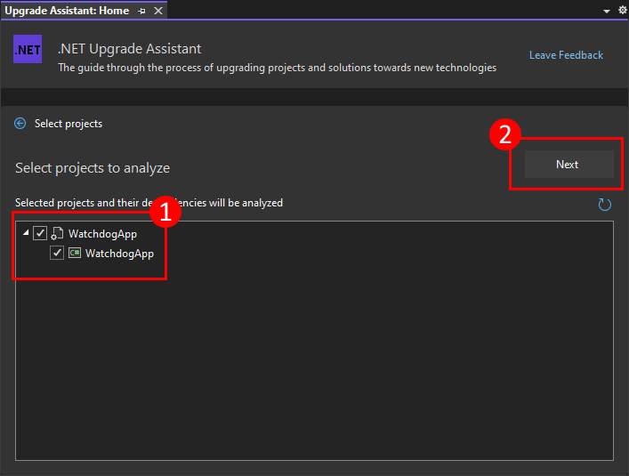 Visual Studio の .NET アップグレード アシスタント分析ウィザードの [プロジェクトの選択] ページ。プロジェクトの一覧が [次へ] ボタンと共に強調表示されます。