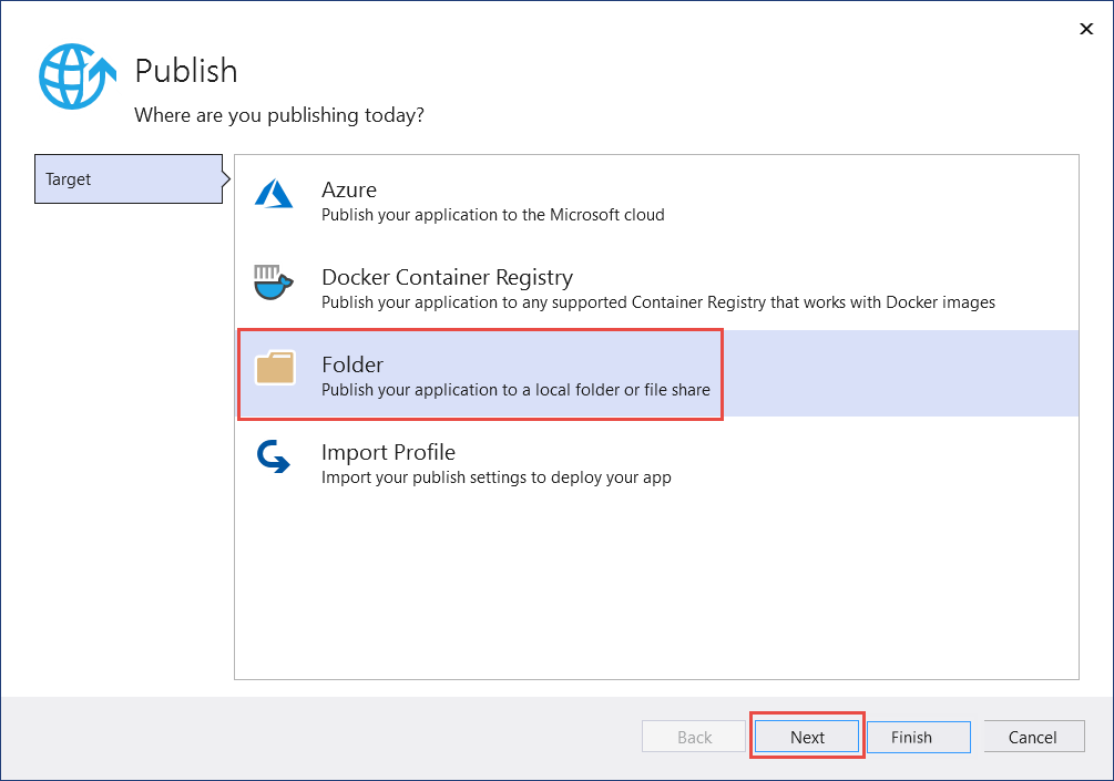 Pick a publish target in Visual Studio