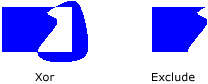 上の図の 2 つの領域に適用された Xor メソッドの結果と Exclude メソッドの結果のスクリーンショット。