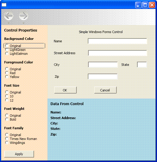 WPF ページに埋め込まれたコントロールを示すスクリーンショット。