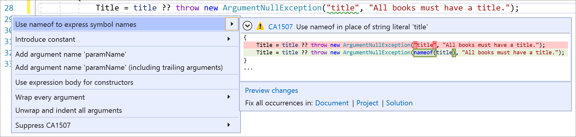 CA1507 のコード修正 - nameof を使用してシンボル名を表現する