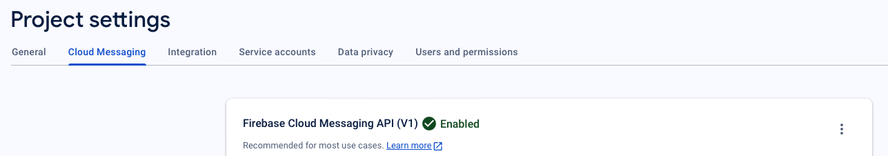 Firebase Cloud Messaging V1 が有効になっていることが確認できるスクリーンショット。