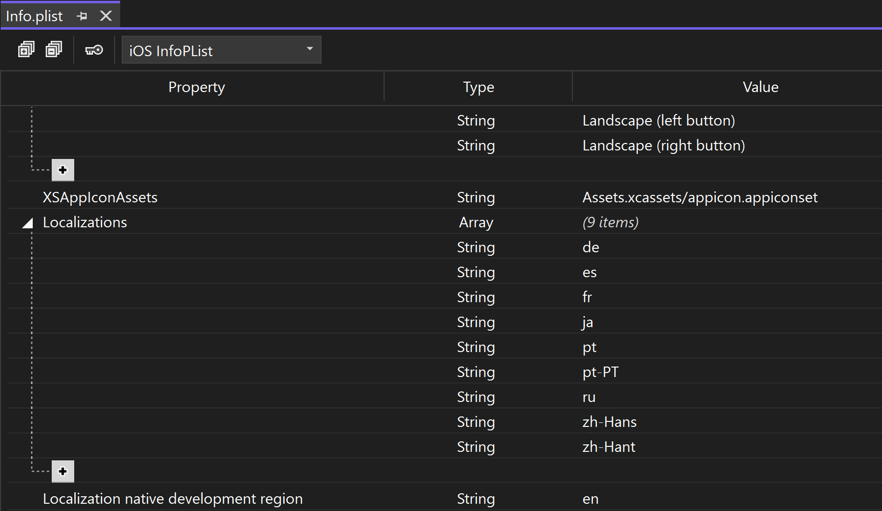 汎用 Info.plist エディターのアプリでサポートされているロケールのスクリーンショット。