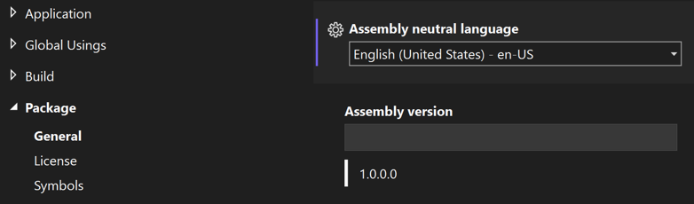 アセンブリのニュートラル言語の設定のスクリーンショット。