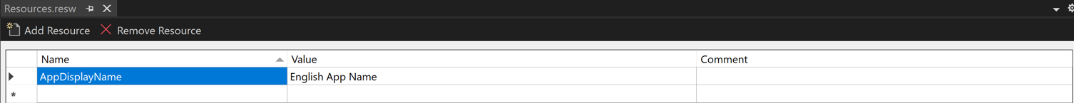 Windows 上の Visual Studio の resw ファイル エディターのスクリーンショット。