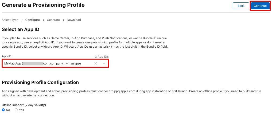 プロビジョニング プロファイルにアプリ ID を追加するスクリーンショット。