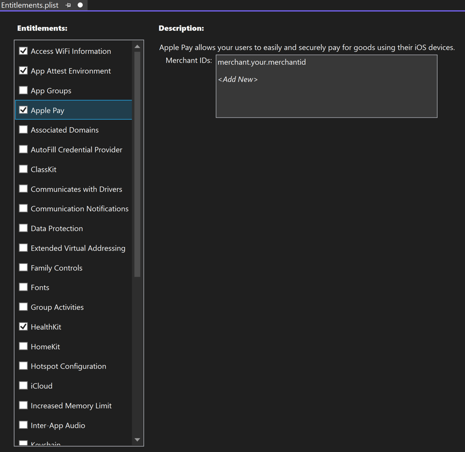 Visual Studio iOS エンタイトルメントの構成