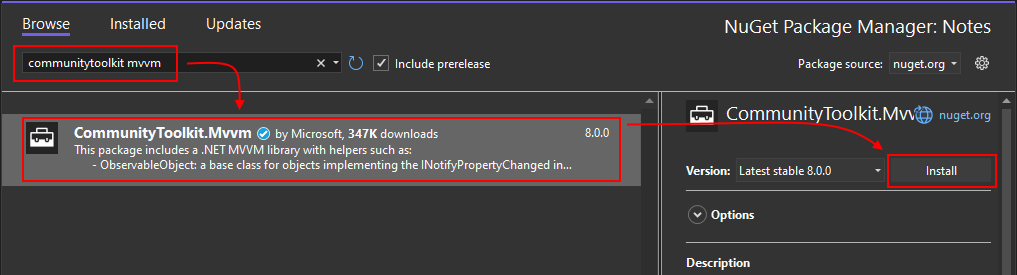 NuGet で CommunityToolkit.Mvvm パッケージを検索します。