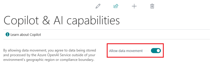 Screenshot that shows the Allow data movement option on the Copilot & AI capabilities page.