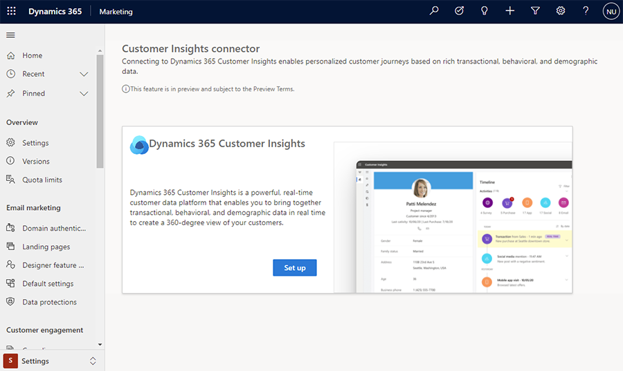 Customer Insights - Data の設定スクリーンショット。