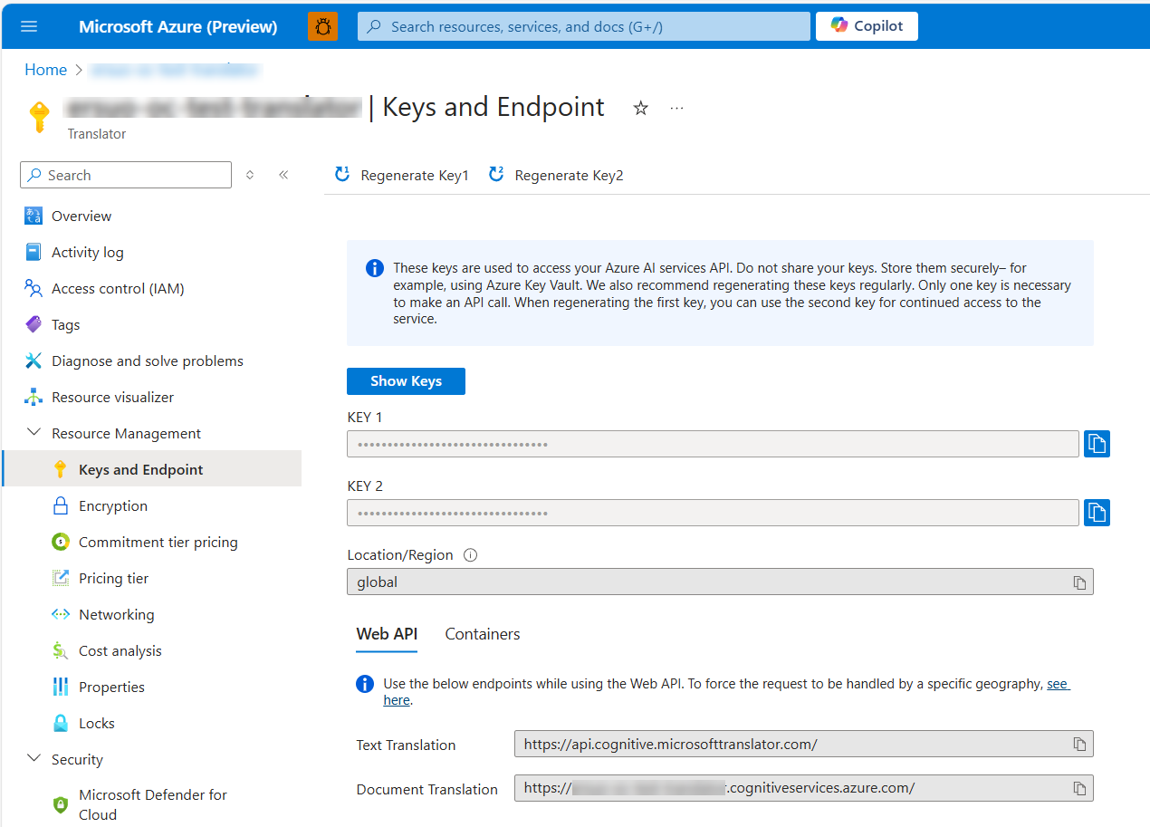 Azure翻訳サービス エンドポイント をグローバルに設定するスクリーンショット