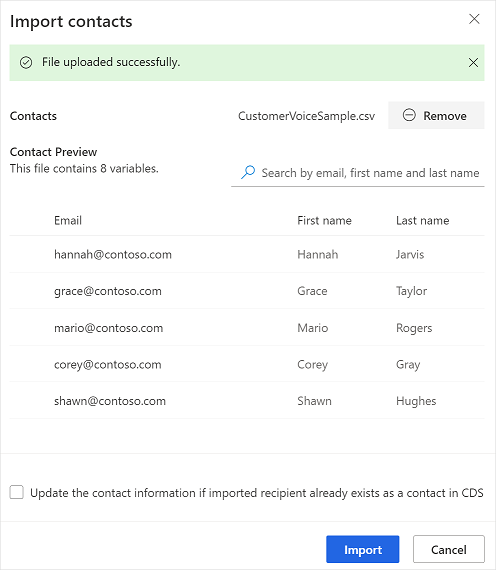 CSV ファイルの取引先担当者をプレビューする。