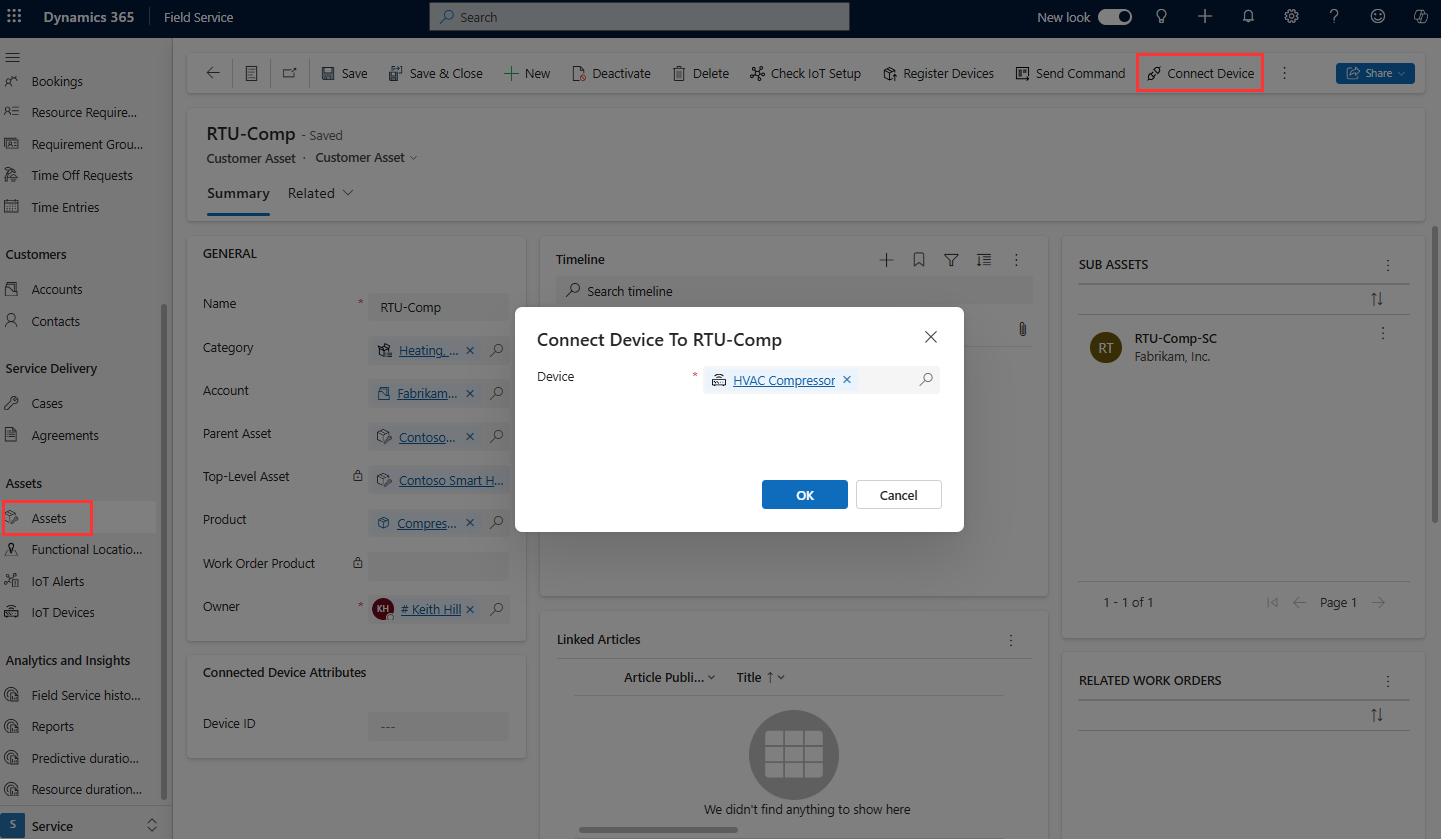 Field Service の資産レコードのデバイス接続ダイアログのスクリーンショット。