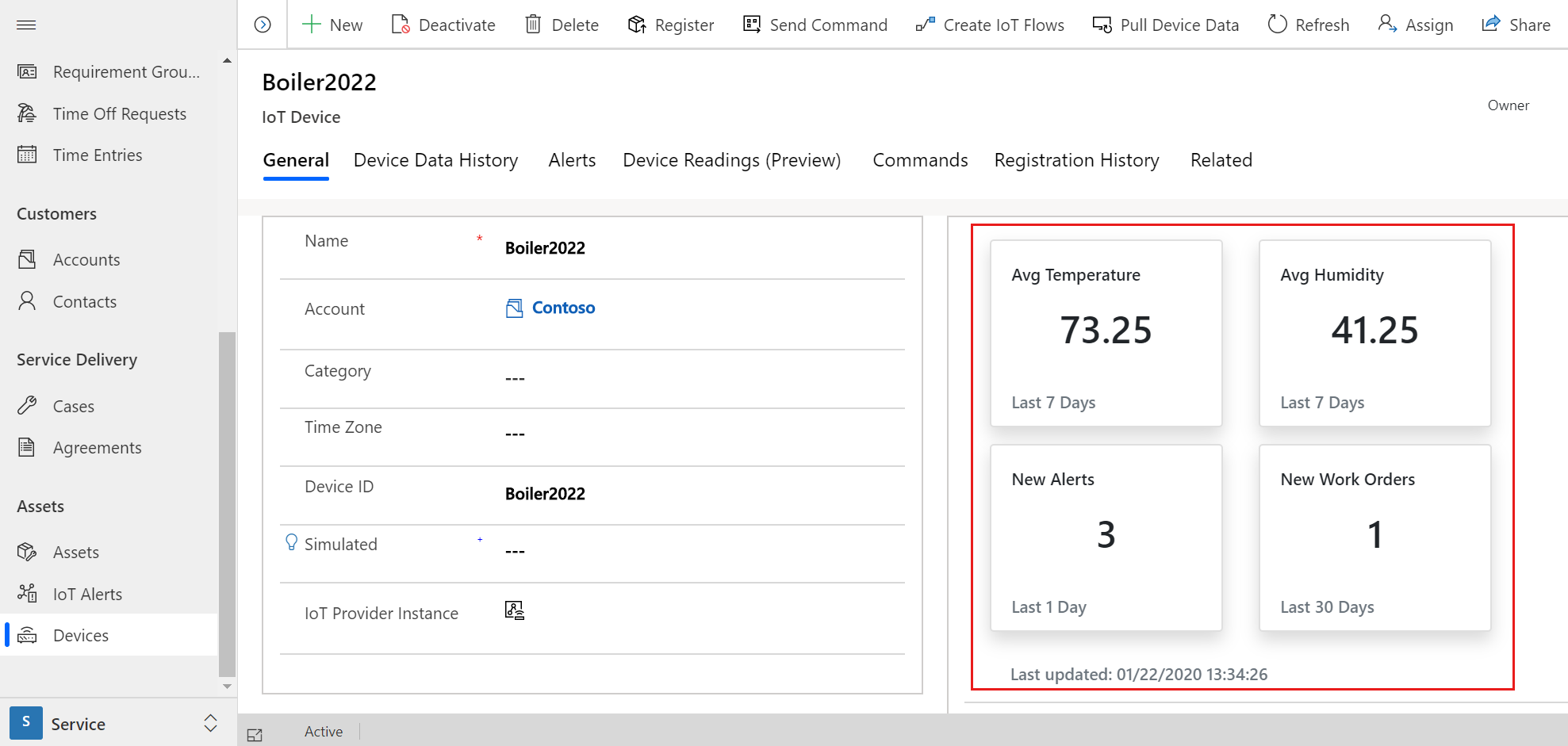 集計された読み取りを表示した Field Service の IoT デバイスのスクリーンショット。