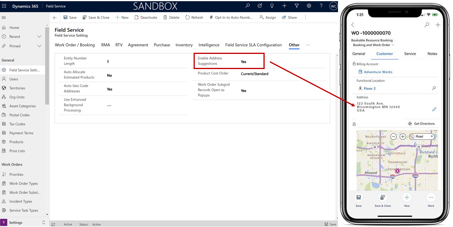 Field Serviceで住所提案を有効化したスクリーンショット。