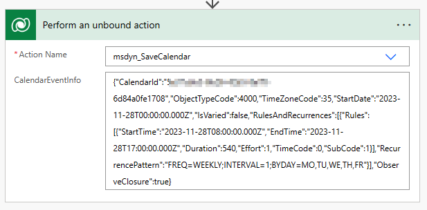 msdyn_SaveCalendar の Power Automate 呼び出しアクション。