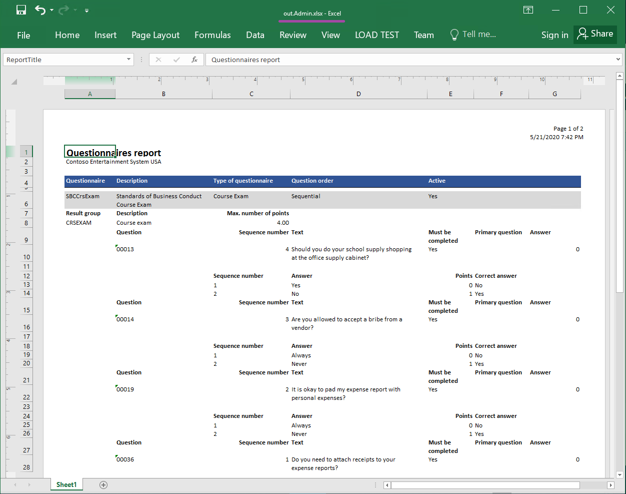 Excel フォーマットで生成されたレポートの例 (ページ 1) です。