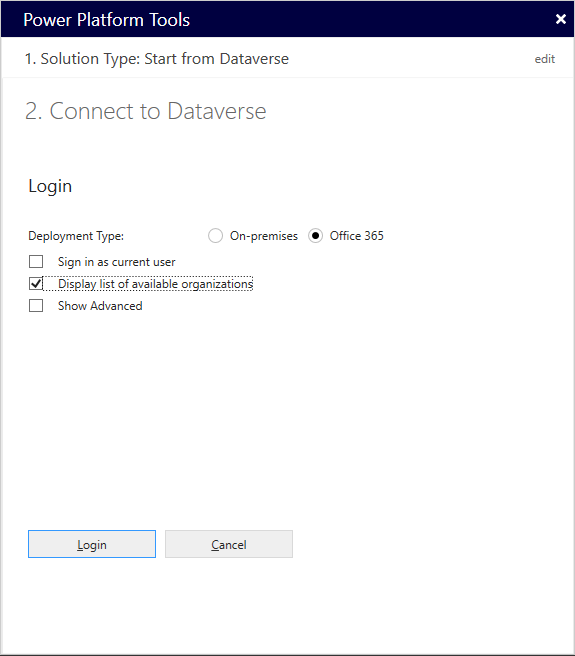 Power Platform Tools ダイアログ ボックスで Dataverse に接続します。