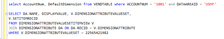 ベンダー レコードにおける既定の分析コードを参照する SQL 問い合わせ。