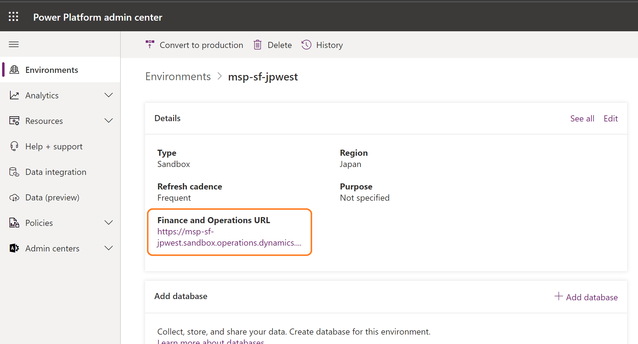 Power Platform管理センターの Power Platform 環境は、Lifecycle Services からの財務と運用の環境と同じ名前で作成されます。財務と運用の URL は、財務と運用インスタンスの URL が入力されます。