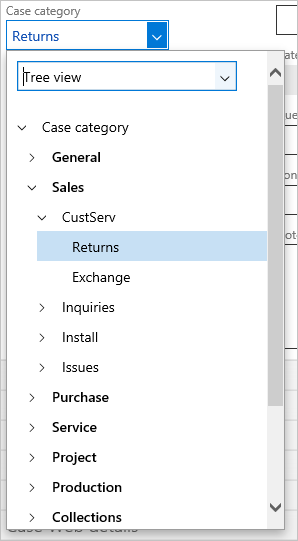 CaseCategoryLookup のタブ付きルックアップ フォームの例。