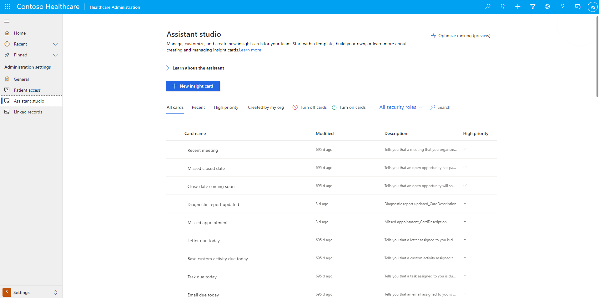 A screenshot showing the administration settings for patient insight cards.