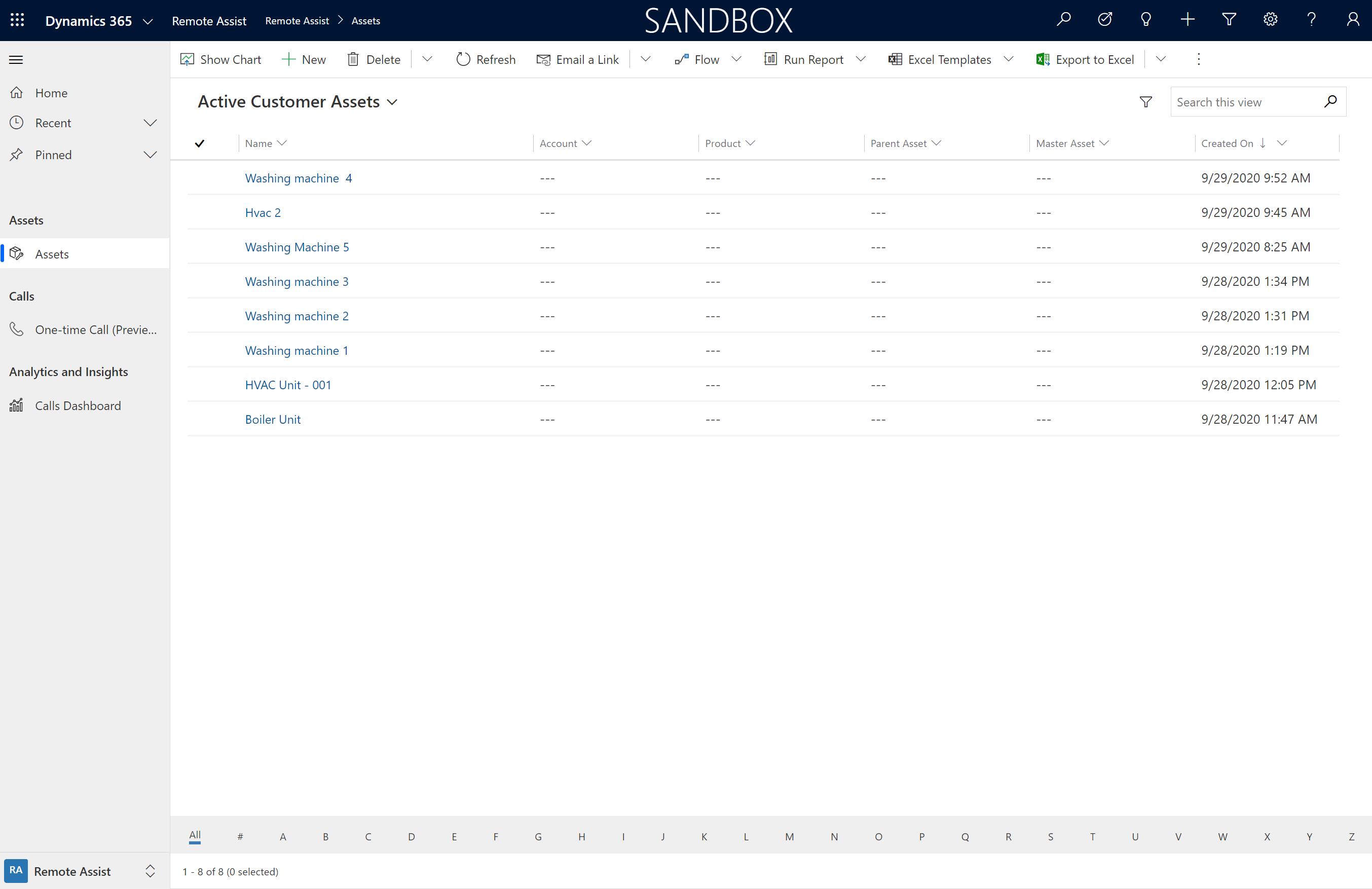 Dynamics 365 Remote Assist の資産レコード リストのスクリーンショット。