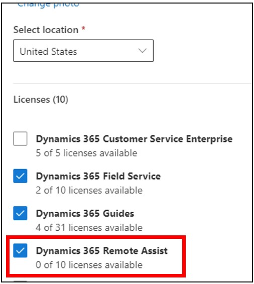 Remote Assist ライセンスを示すスクリーンショット。