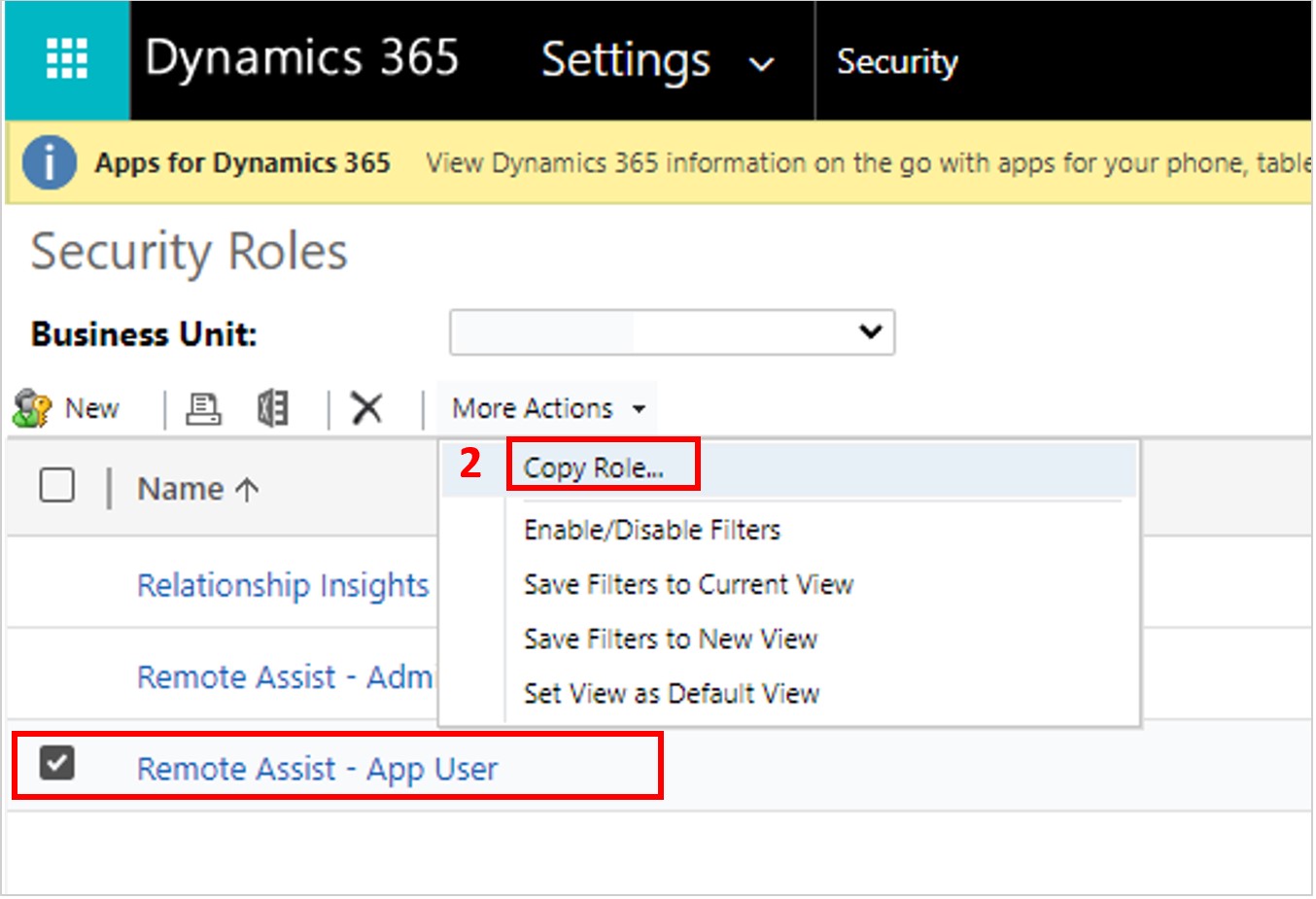 [Remote Assist - アプリ ユーザー] ロールと [ロールのコピー] コマンドが強調表示されたスクリーンショット。