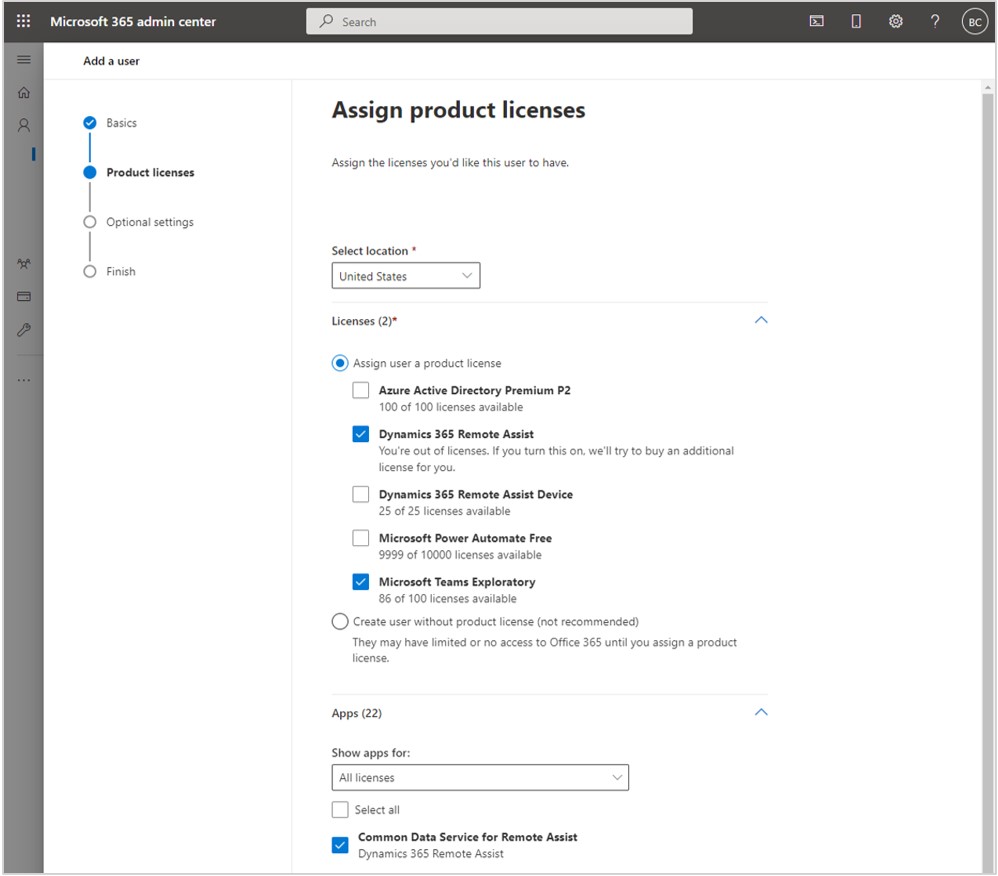 [Dynamics 365 Remote Assist] および [Microsoft Teams] チェック ボックスがオンになっているスクリーンショット。