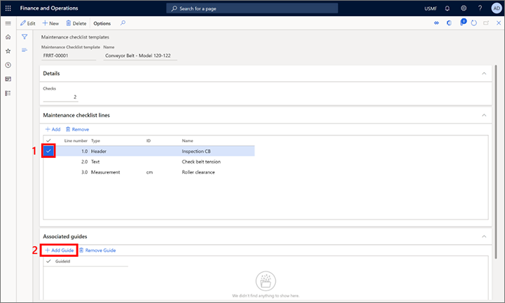 メンテナンス チェックリストの明細行をガイドに関連付けます。