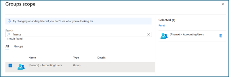 [グループのスコープ] で、[検索] テキスト ボックスに finance が入力され、1 件の結果が見つかり、[選択済み] にグループが表示されているスクリーンショット。