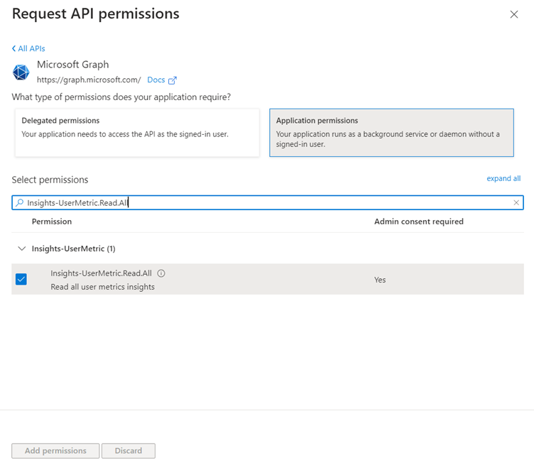 API のアクセス許可のスクリーンショット。