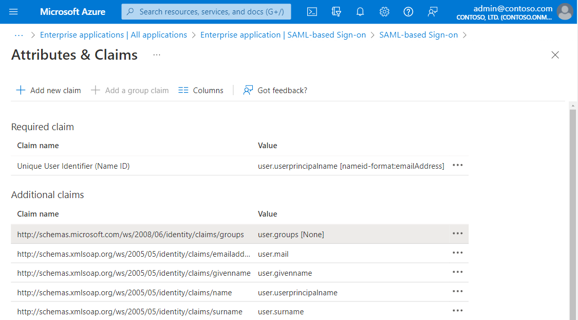 UI の SAML トークン属性のスクリーンショット。