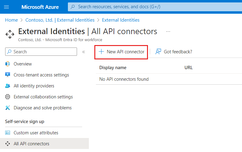 外部 ID に新しい API コネクタを追加するスクリーンショット。