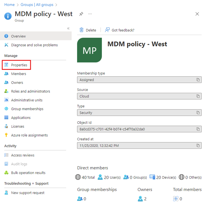 [MDM policy – West の概要] ページのスクリーンショット。メンバー情報が表示されています。