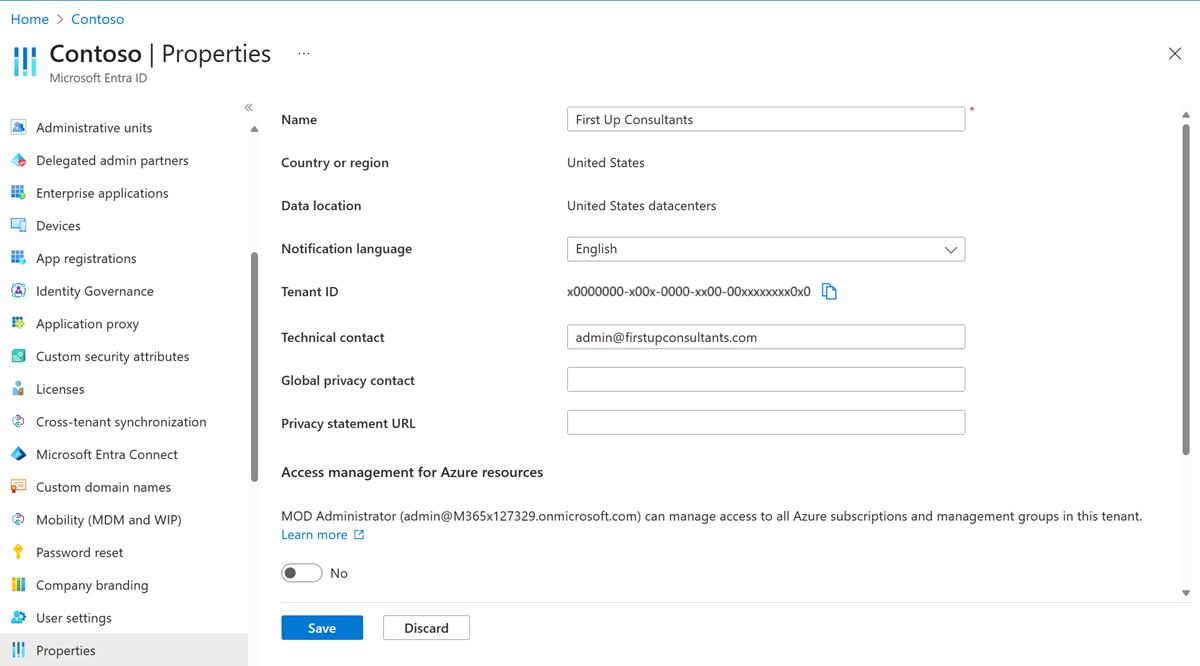 Microsoft Entra ID - [プロパティ] - [テナント ID] - [テナント ID] フィールド