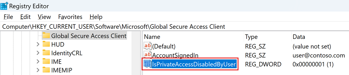 IsPrivateAccessDisabledByUser レジストリ キーが強調表示されたレジストリ エディターを示すスクリーンショット。