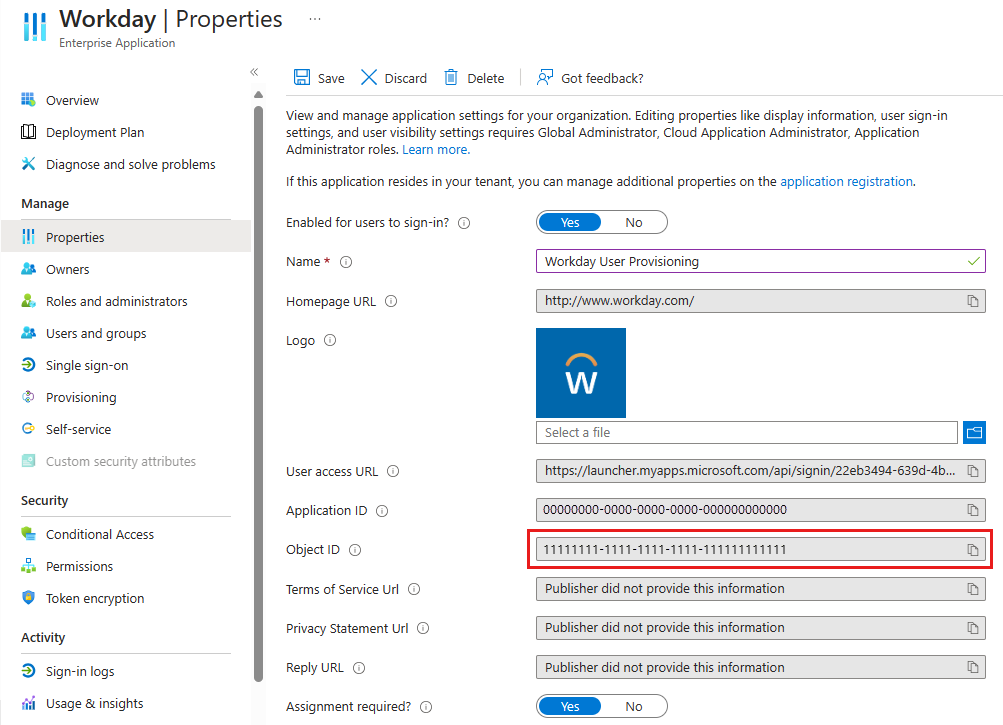 Workday アプリのサービス プリンシパル ID