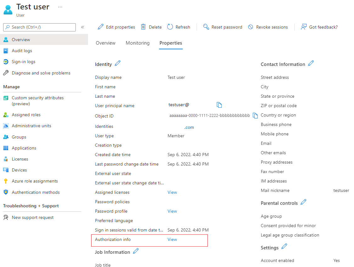 [View authorization info](承認情報の表示) のスクリーンショット。