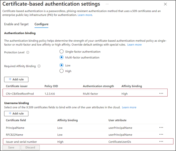 Microsoft Entra 管理センターで、発行者とシリアル番号が追加されたスクリーンショット。