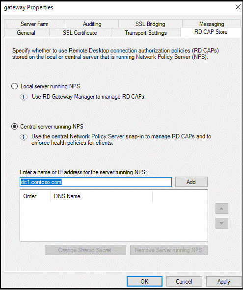 NPS サーバーの名前または IP アドレスを入力する