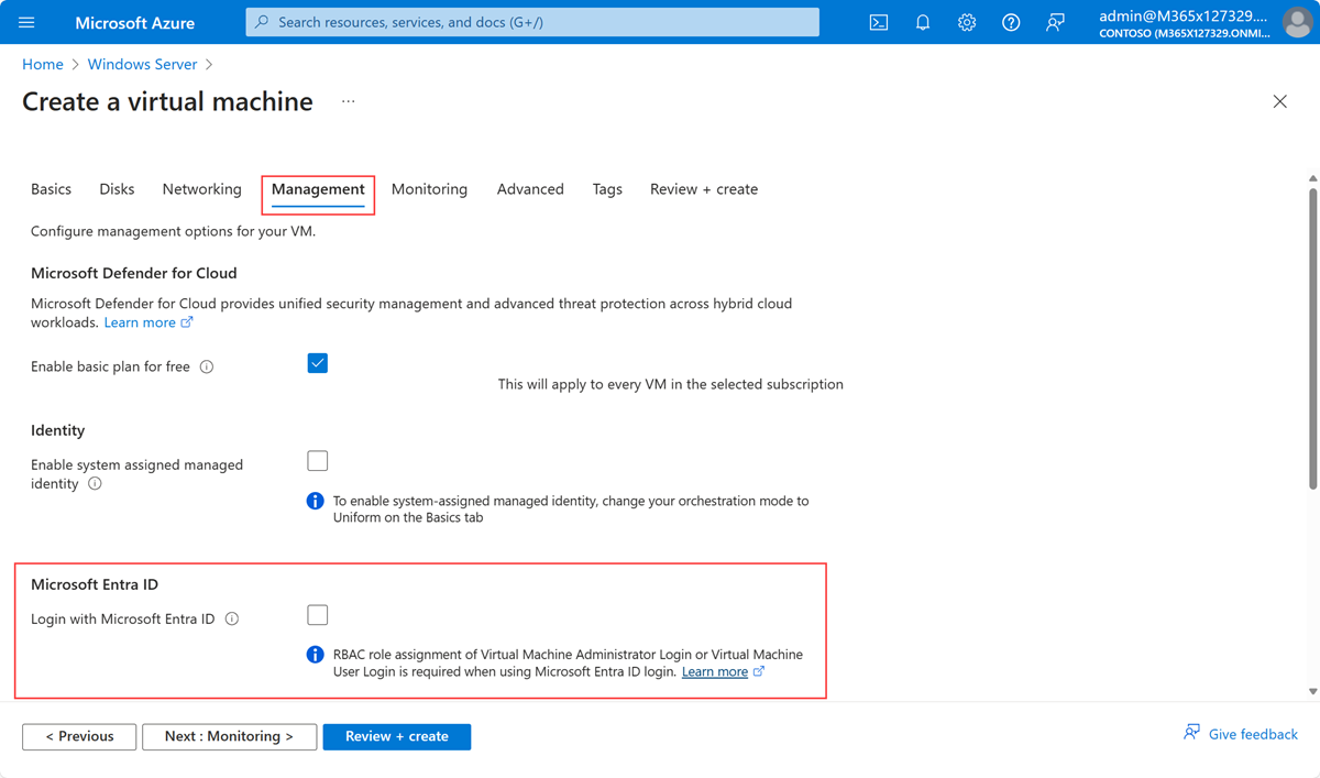 仮想マシンを作成するための Azure portal ページの [管理] タブを示すスクリーンショット。