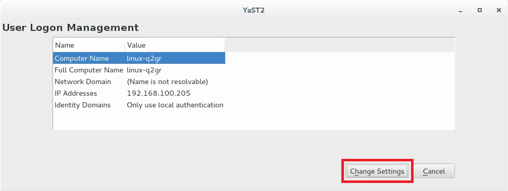 YaST の [User Login Management] ウィンドウのスクリーンショット例