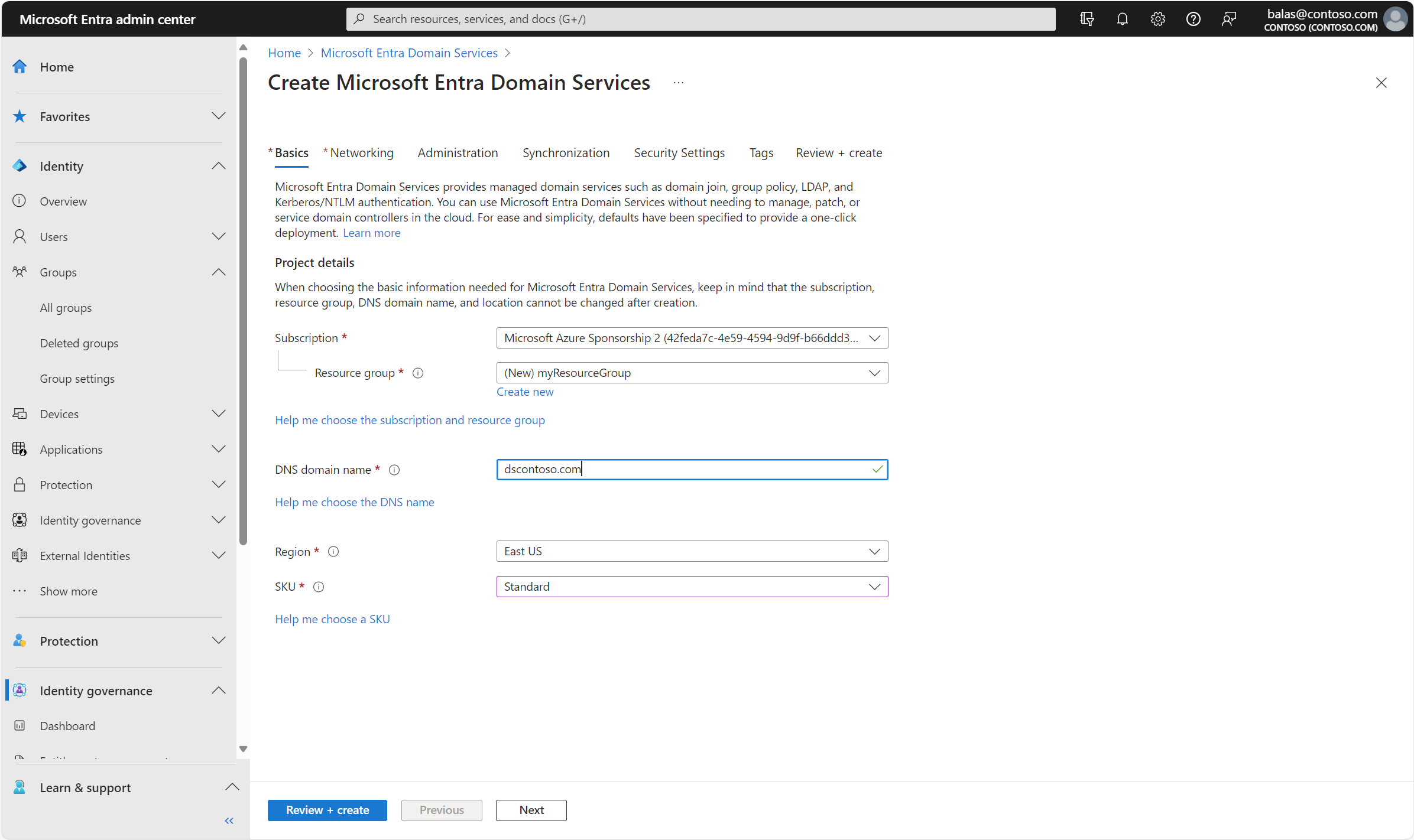 Screenshot of Basics configuration page for a managed domain.