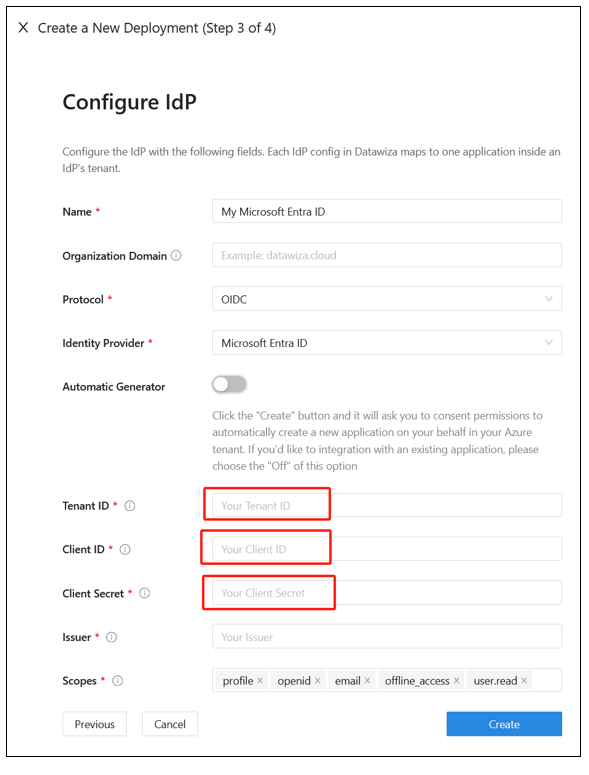 [Automatic Generator] (自動ジェネレーター) がオフになっている [Configure IdP] (IdP の構成) ダイアログのスクリーンショット。